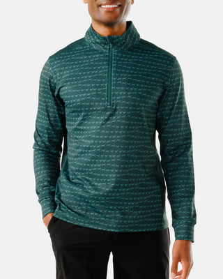 Waggle Men's Twilight Quarter Zip in deep teal with all-over stag print — athletic fit,