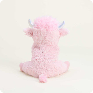Warmies Pink Highland Cow plush stuffed animal with soft pink fur, lavender scent, and microwavable warming comfort back view