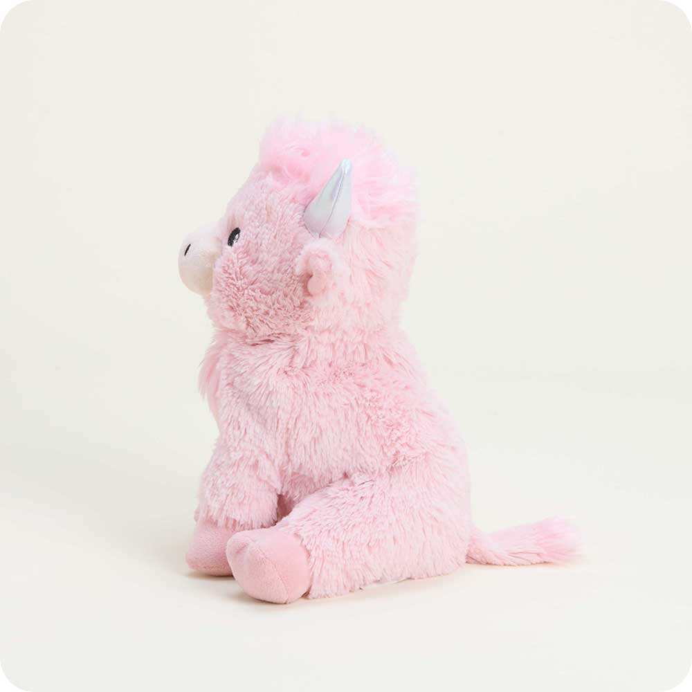 Warmies Pink Highland Cow plush stuffed animal with soft pink fur, lavender scent, and microwavable warming comfort side view