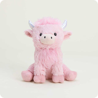 Warmies Pink Highland Cow plush stuffed animal with soft pink fur, lavender scent, and microwavable warming comfort