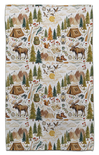 Watercolor woodland camping towel with camping and nature-themed designs including trees, tents, and animals.