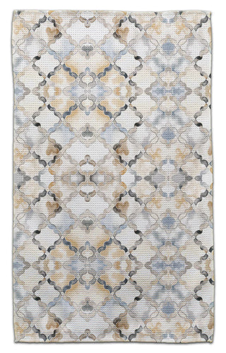 Wavy lattice eco-friendly kitchen towel featuring neutral tile-inspired geometric pattern in beige gray and blue tones