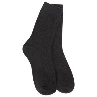 Women's black cable knit mini crew socks featuring an ultra-soft lightweight design for everyday comfort and casual style.