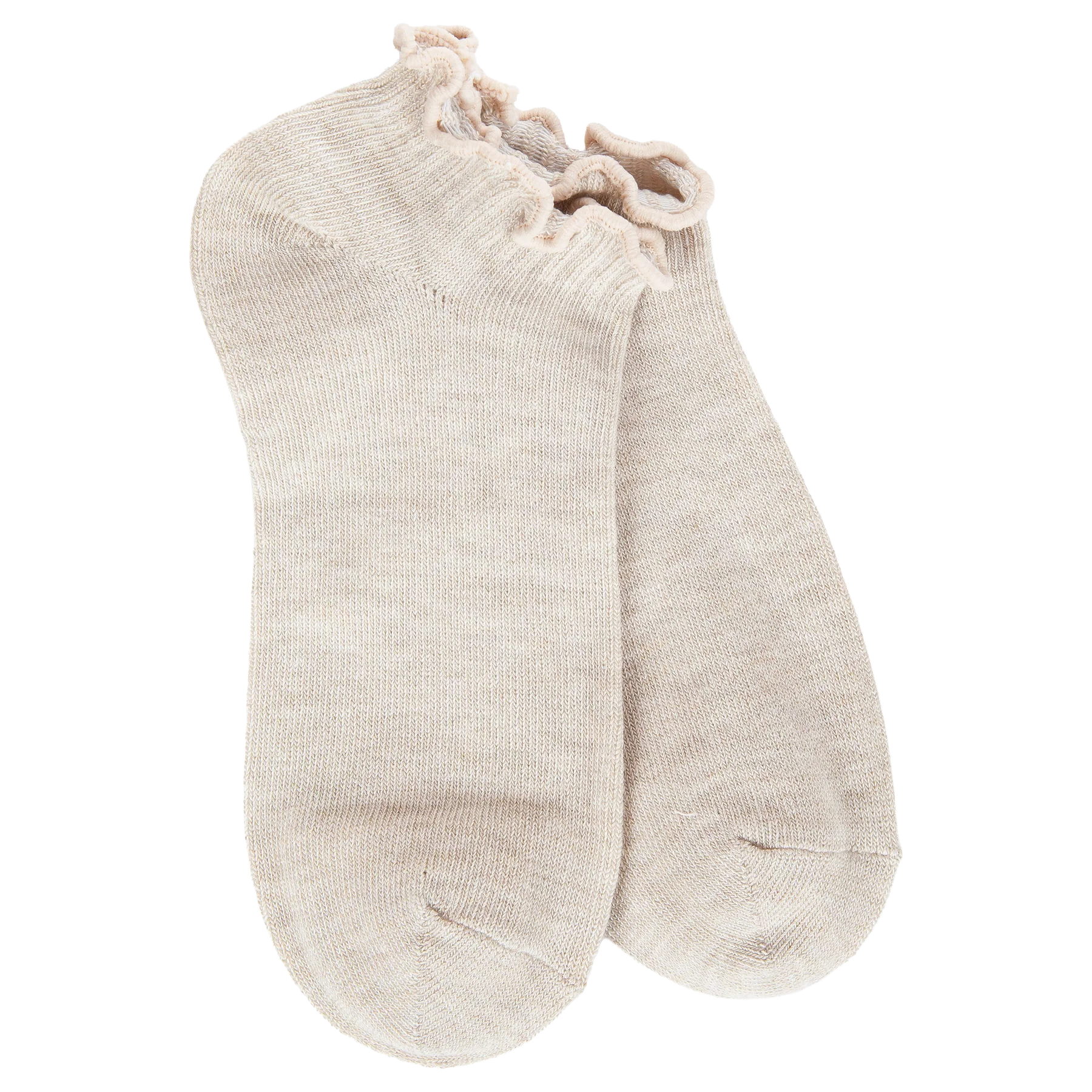 Women's heather oatmeal low-cut socks featuring a soft ruffle cuff made from a lightweight modal blend for everyday comfort.