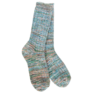 Women's Weekend Missoni crew socks in the Coastal colorway featuring a marled knit blend of aqua, blue, beige, coral, and green tones.
