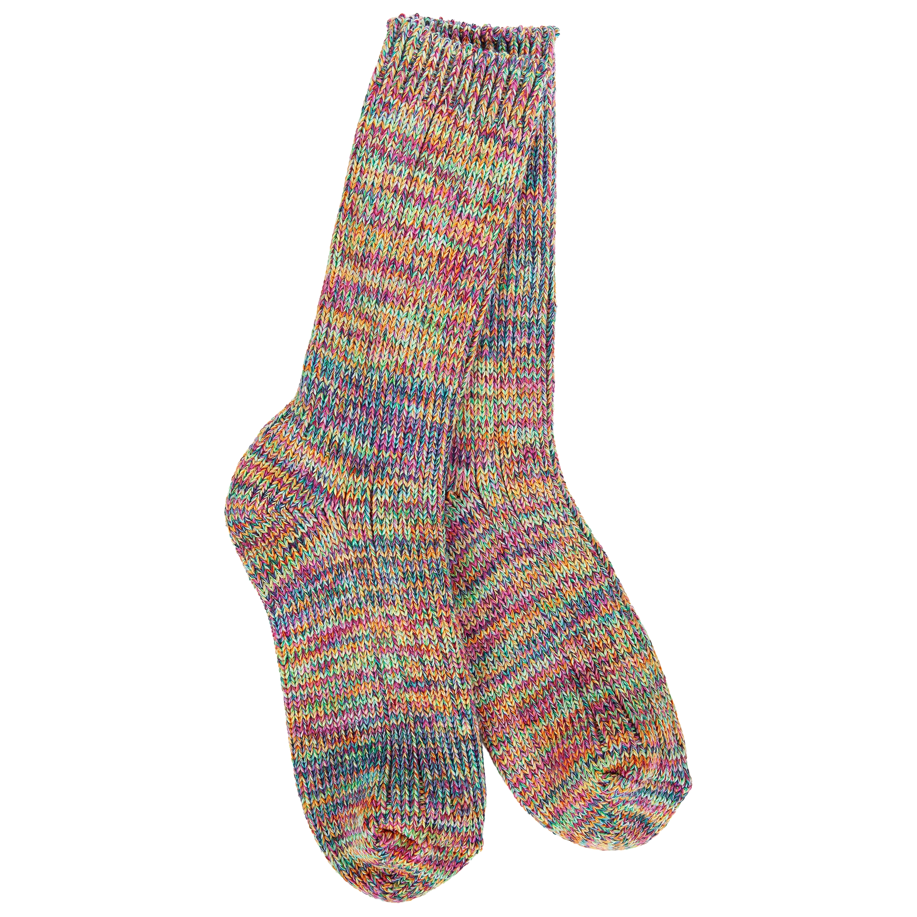 Women's Weekend Missoni crew socks in the Festival colorway featuring a vibrant multicolor marled knit in pink, yellow, blue, green, coral, and purple.