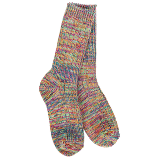 Women's Weekend Missoni crew socks in the Festival colorway featuring a vibrant multicolor marled knit in pink, yellow, blue, green, coral, and purple.