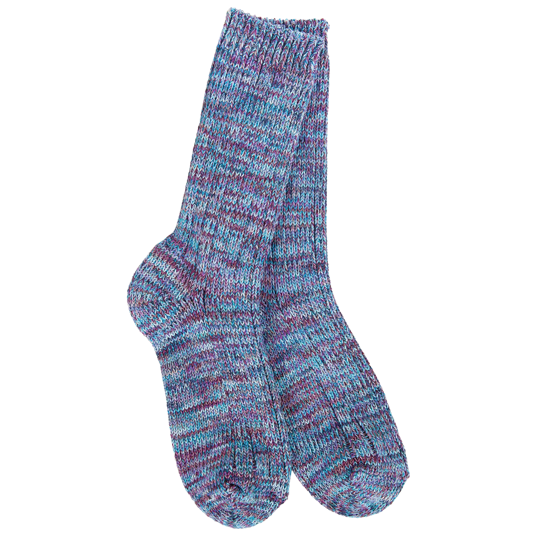 Women's Weekend Missoni crew socks in the Neptune colorway featuring a richly marled knit in shades of blue, turquoise, lavender, and purple.