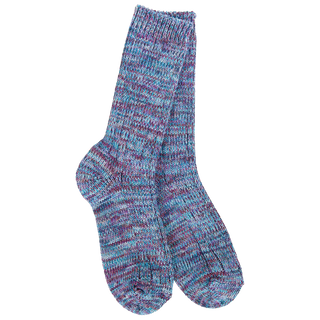 Women's Weekend Missoni crew socks in the Neptune colorway featuring a richly marled knit in shades of blue, turquoise, lavender, and purple.