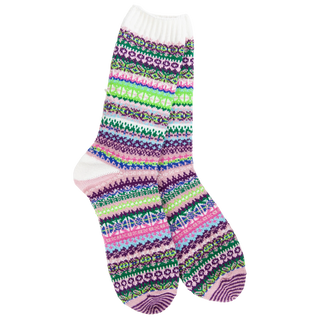 Women's Weekend Nordic crew socks in the Botanical colorway featuring a colorful Fair Isle-inspired pattern in purple, green, pink, aqua, and white.