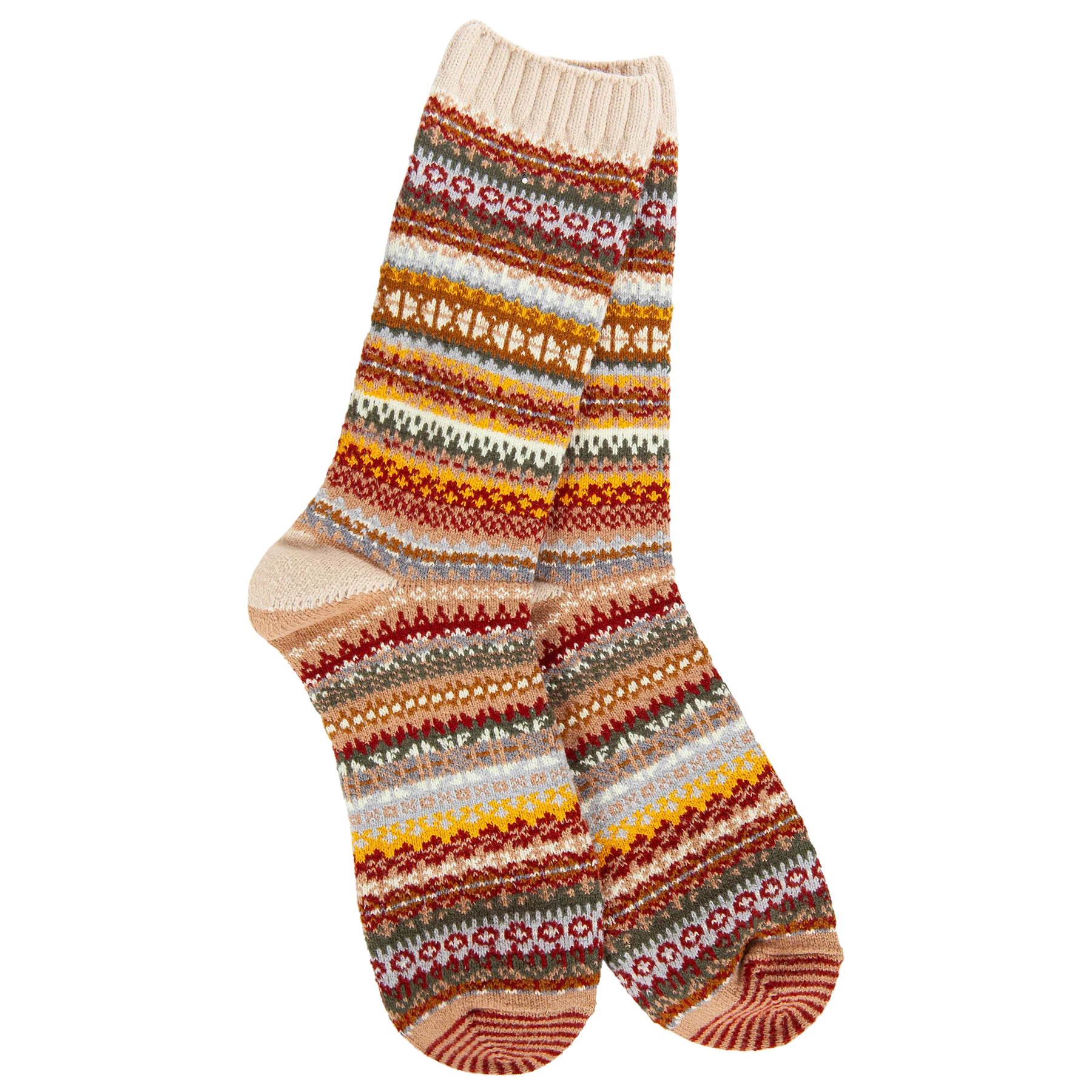 Women's Weekend Nordic crew socks in the Cashew colorway featuring a cozy Fair Isle-inspired pattern in cream, rust, mustard, olive, gray, and tan.