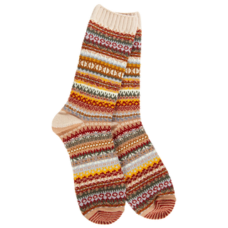 Women's Weekend Nordic crew socks in the Cashew colorway featuring a cozy Fair Isle-inspired pattern in cream, rust, mustard, olive, gray, and tan.