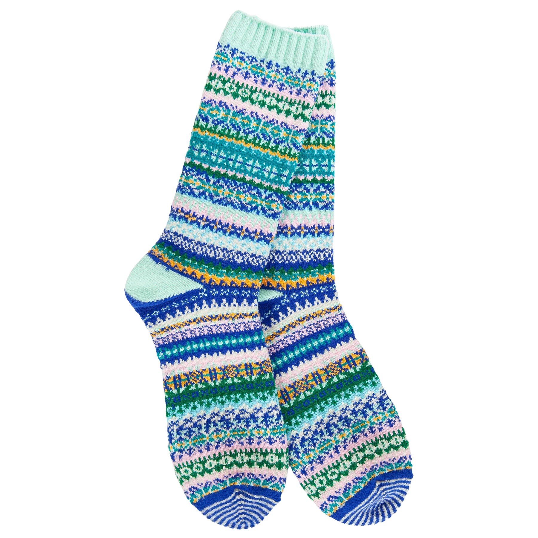 Women's Weekend Nordic crew socks in the Mint colorway featuring a colorful Fair Isle-inspired pattern in mint green, blue, lavender, green, and soft gold.
