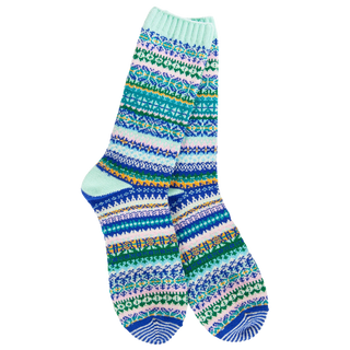 Women's Weekend Nordic crew socks in the Mint colorway featuring a colorful Fair Isle-inspired pattern in mint green, blue, lavender, green, and soft gold.