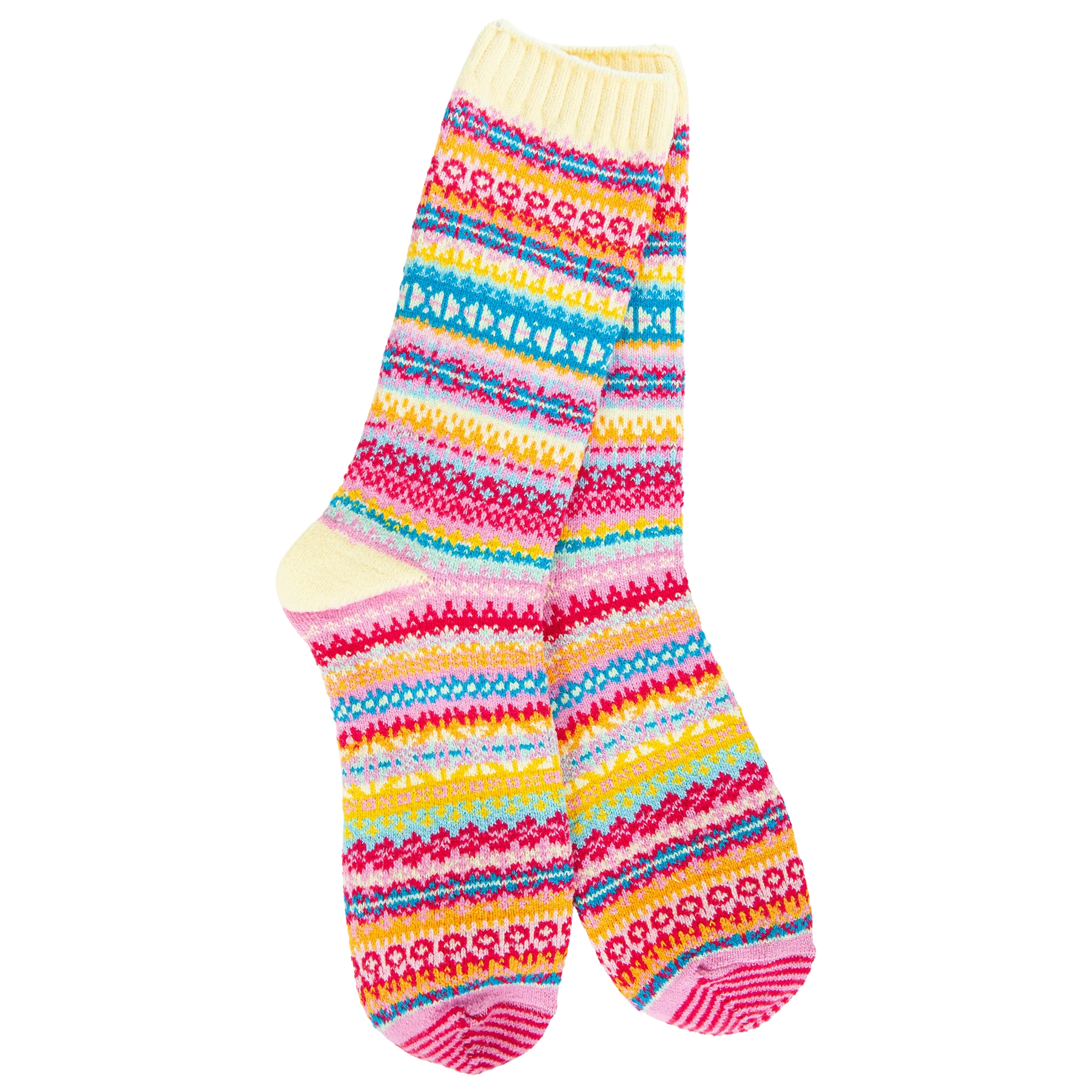 Women's Weekend Nordic crew socks in the Whimsy colorway featuring a colorful Fair Isle-inspired pattern in pink, turquoise, yellow, coral, and cream.