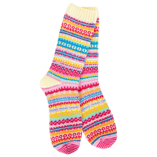 Women's Weekend Nordic crew socks in the Whimsy colorway featuring a colorful Fair Isle-inspired pattern in pink, turquoise, yellow, coral, and cream.