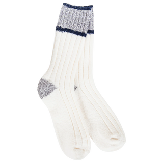 Women's Weekend Ragg Color Block Crew Socks in ivory with grey and navy accents featuring an ultra-soft ribbed knit and cozy crew-length fit.