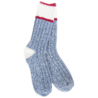 Women's Weekend Ragg Crew Socks in a blue marled knit with white cuff and red accent stripes, offering ultra-soft comfort and classic crew styling.