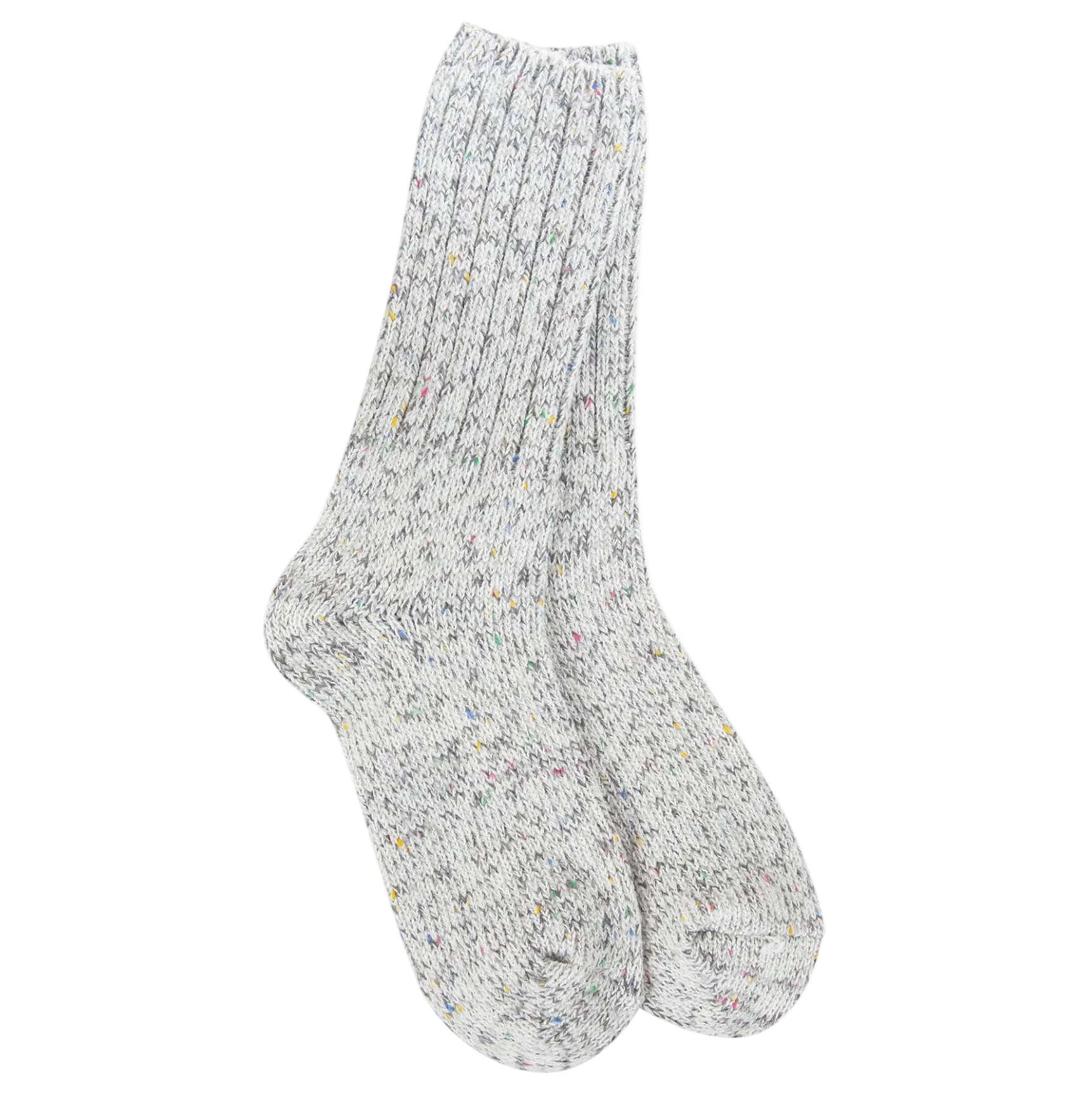 Women's Weekend Ragg Crew Socks in Rocky Confetti featuring a soft light gray marled knit with colorful confetti flecks and a cozy crew-length fit.