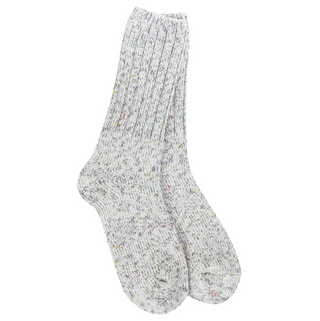 Women's Weekend Ragg Crew Socks in Rocky Confetti featuring a soft light gray marled knit with colorful confetti flecks and a cozy crew-length fit.