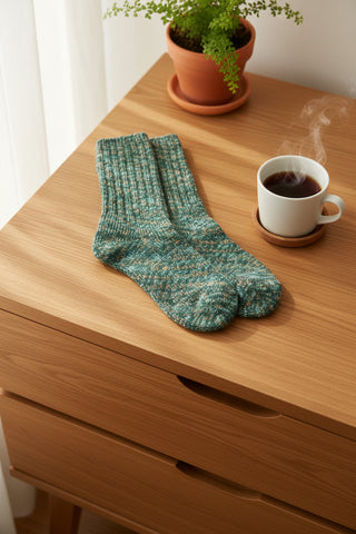 Women's Weekend Ragg Crew Socks in Woodland featuring an ultra-soft marled knit in green and tan tones with a cozy crew-length fit.