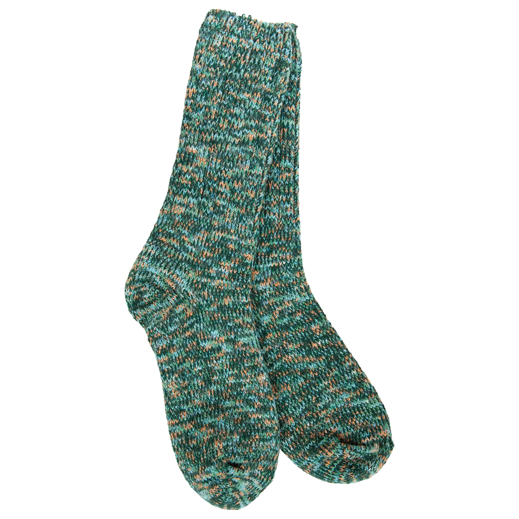 Women's Weekend Ragg Crew Socks in Woodland featuring an ultra-soft marled knit in green and tan tones with a cozy crew-length fit.