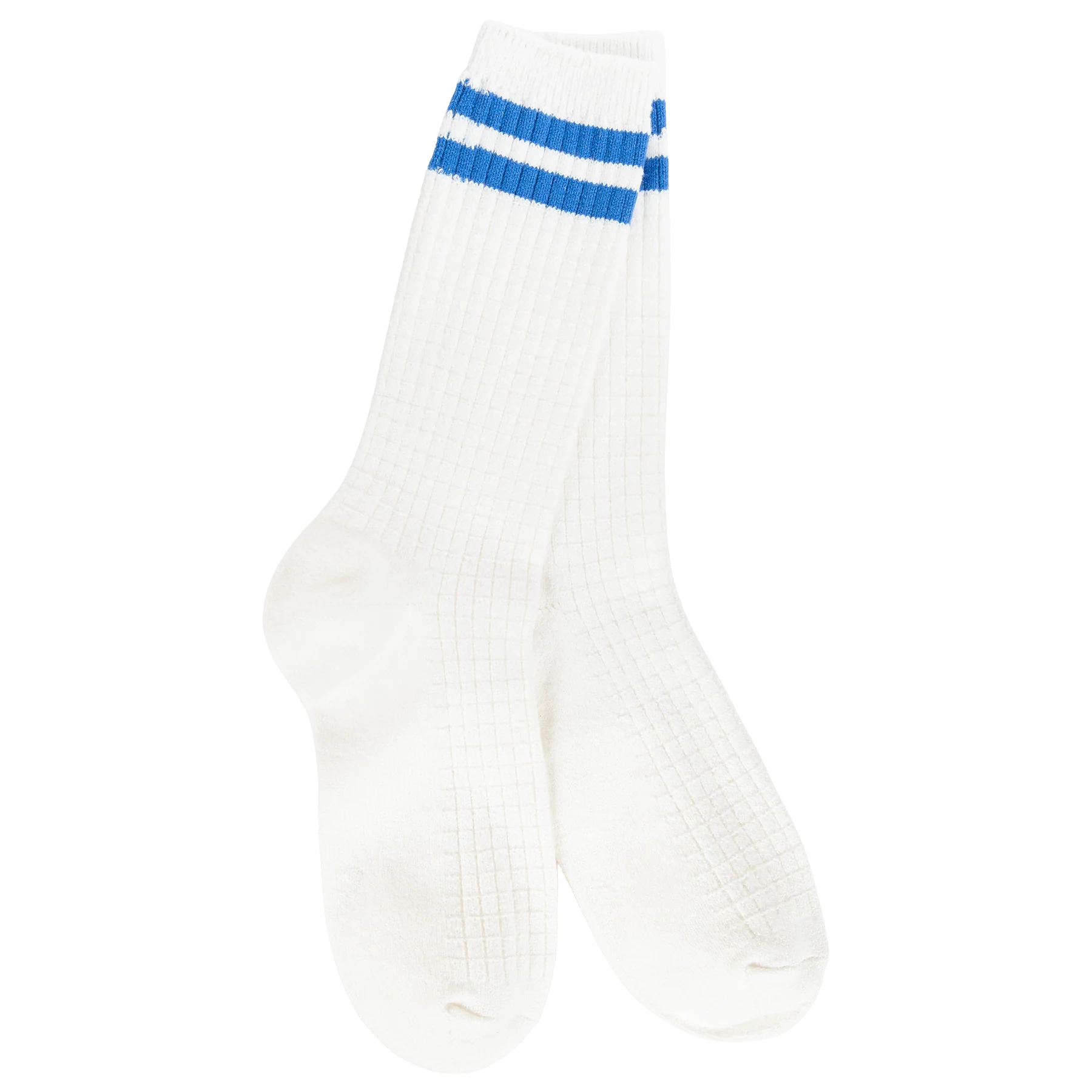 Women's ivory waffle-knit crew socks featuring bold blue athletic stripes and a soft textured design.