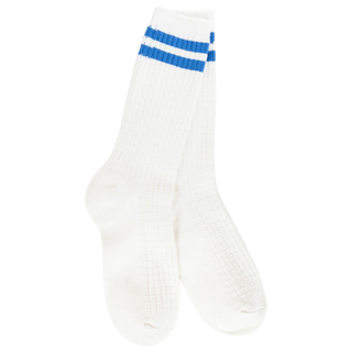 Women's ivory waffle-knit crew socks featuring bold blue athletic stripes and a soft textured design.
