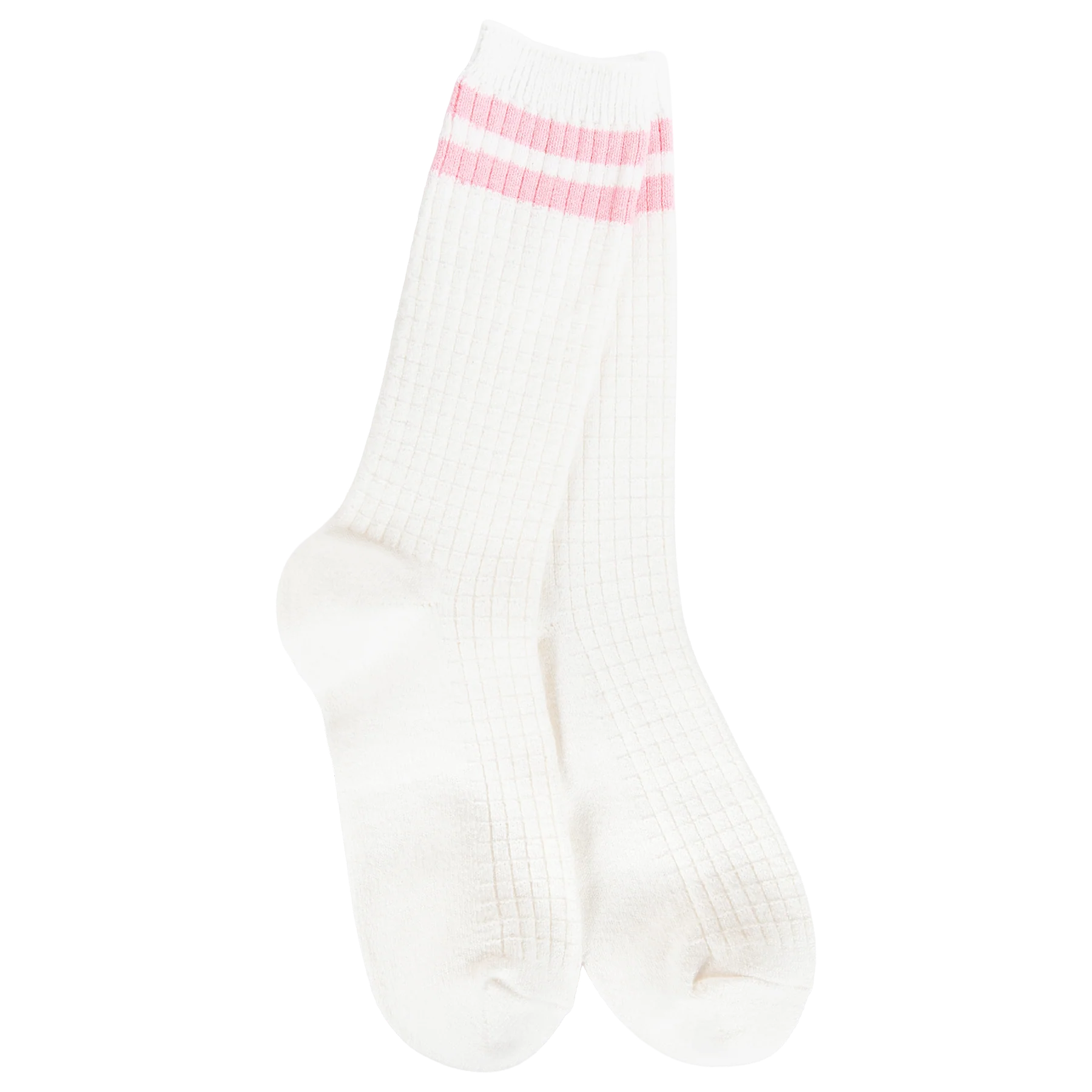 Women's ivory waffle-knit crew socks featuring soft pink athletic stripes and a cozy textured design.