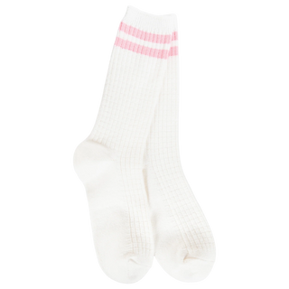 Women's ivory waffle-knit crew socks featuring soft pink athletic stripes and a cozy textured design.