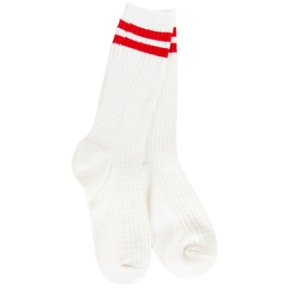 Women's ivory waffle-knit crew socks featuring two bold red athletic stripes and a soft textured design.