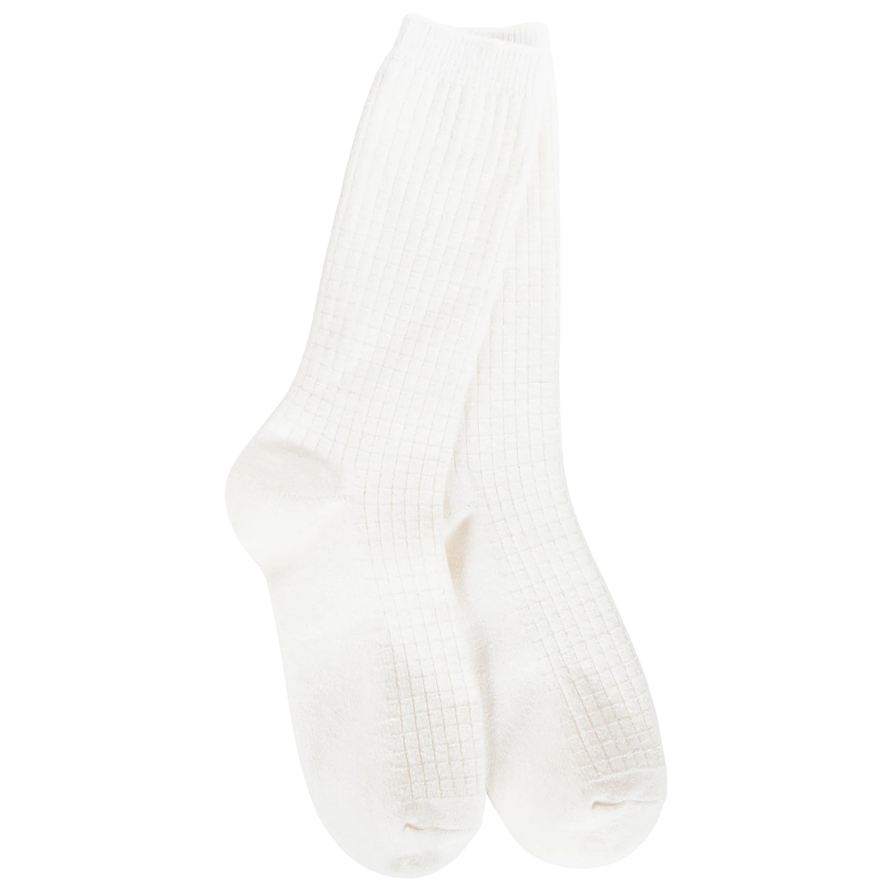 Women's white waffle-knit crew socks featuring a soft textured design for everyday comfort.