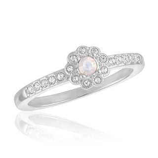 Silver white opal flower stack ring with crystal accents and delicate floral design