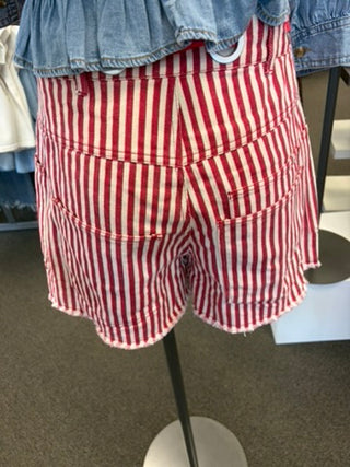 Back of red and white striped shorts with rope tie belt on manequin