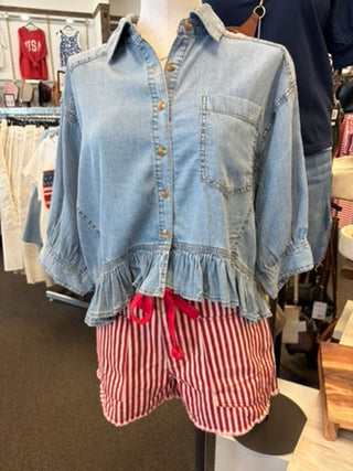 Women’s red and ivory striped cotton shorts with rope tie belt, pockets, and button fly closure