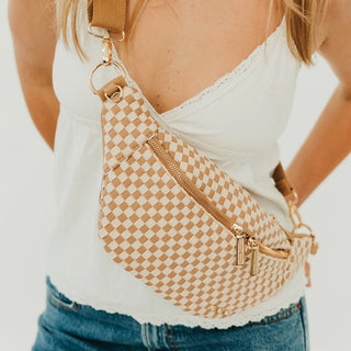 Woven Susie Sidekick Bum Bag in tan checkered — vegan leather woven bum bag with multiple pockets