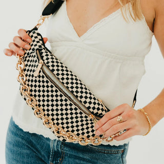 Woven Susie Sidekick Bum Bag in black checkered — vegan leather woven belt bag by Pretty Simple