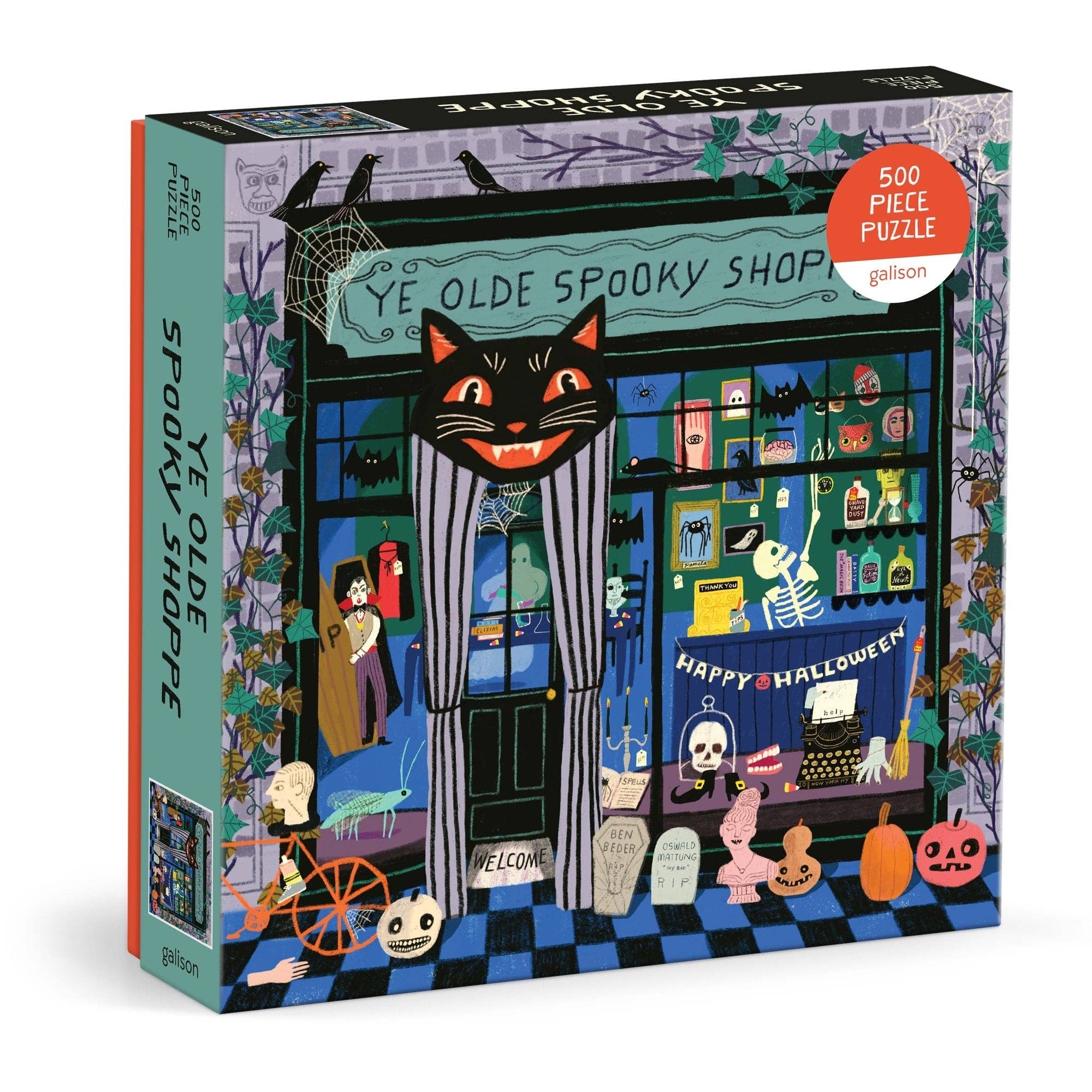 Galison Ye Olde Spooky Shoppe 500-piece Halloween puzzle featuring a whimsical vintage spooky shop with a black cat, skeleton, pumpkins, ravens, bats, and magical curiosities by artist Anne Bentley.