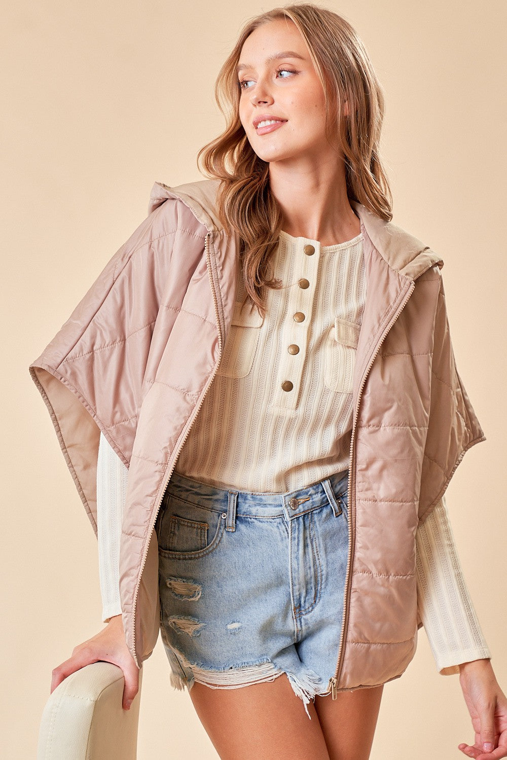 Zip-Up Puffer Cape With Hood