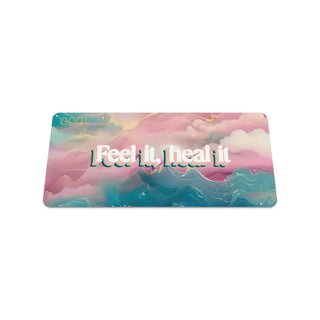 Colorful product with 'Feel it, heal it' text on a white background