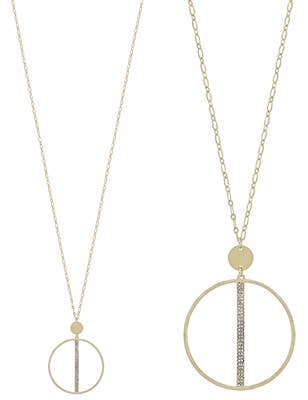 Gold Chain with Open Circle and Rhinestone Bar 32" Necklace