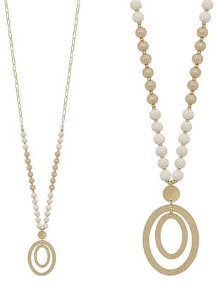 White and Gold Beaded with Double Oval Gold Drop Necklace