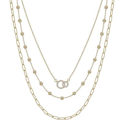 Gold Triple Layered Chain and Rhinestone Circle Necklace