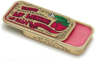 Lip Licking strawberry flavored organic natural lip balm in vintage slider tin packaging
