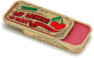 Lip Licking wild cherry flavored organic natural lip balm in vintage slider tin packaging
