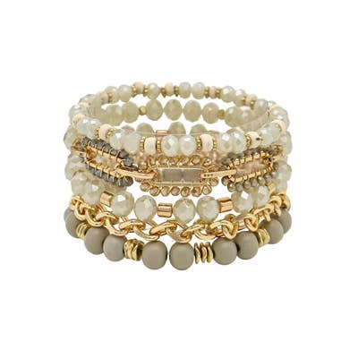 White Crystal, Stone, & Gold Chain Set of 5 Stretch Bracelet