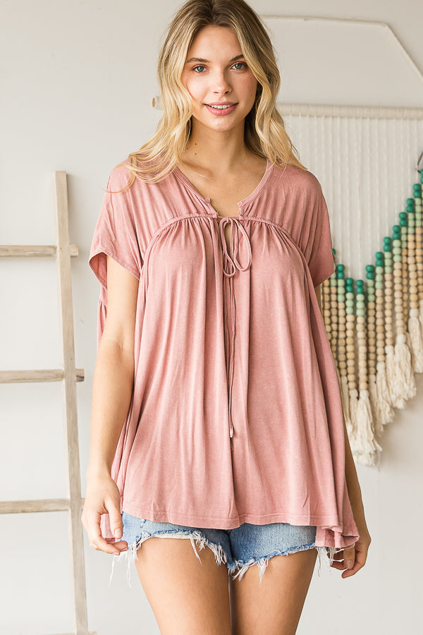 Mineral Wash Tie Front Babydoll Top