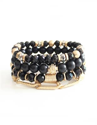 Black Crystal, Wood, and Gold Chain Bracelet Set