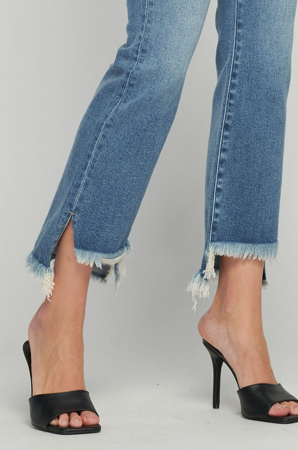 Frayed Stem Hem Cropped Flare Denim Jeans