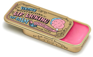 Lip Licking cotton candy flavored organic natural lip balm in vintage slider tin packaging